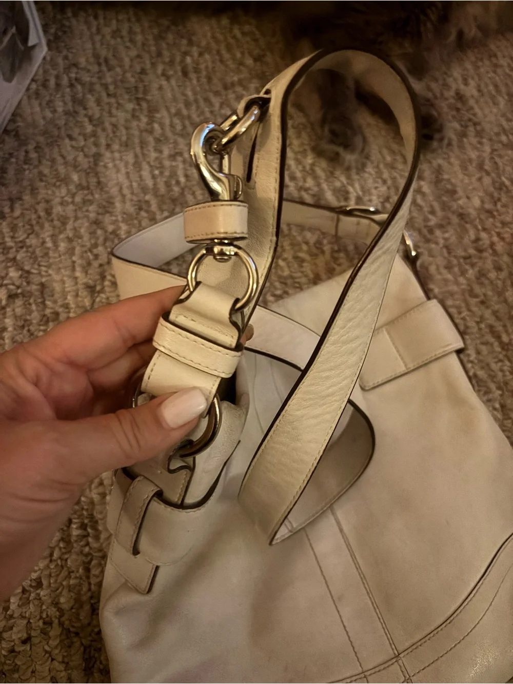 Coach Cream Leather Shoulder Bag with Buckle Accents